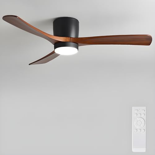 LITFAD Nordic Wooden Ceiling Fan Light Fixture Minimalist LED Ceiling Lamp 3 Color Light Modern Pendant Light with Fan for Bedroom Living Room - 110V-120V Black Third Gear Dimming 48"