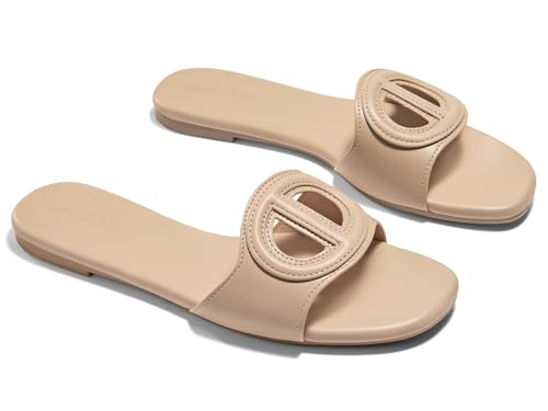 Coutgo Womens Dressy Flat Sandals Open Toe Slip on Leather Summer Beach Slide Sandals, Khaki, Size 7.5