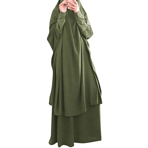 IKADEX Prayer Clothes for Muslim Women Islamic Abaya Suit Maxi Skirt + Khimar Hijab 2pcss Burka Jilbab Kaftan Army Green