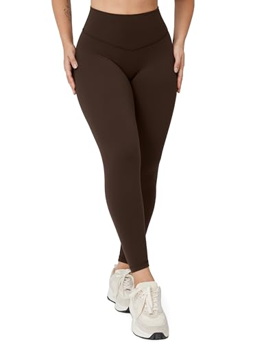UNISSU Hugcurve No Front Seam High Waisted Workout Leggings for Women Buttery Soft Yoga Pants Gym Athletic Tights - 25'' Clay Brown Small