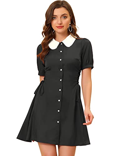 Allegra K Women's Vintage Peter Pan Collar Lace Up Button Down A Line Dress Small Black