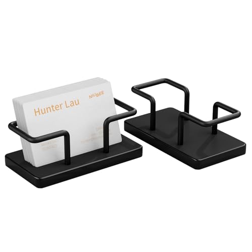 NIUBEE Acrylic Business Card Holder: Metal Business Card Display Stand for Desk - Frosted Gift Card Organizer for Office, Reception, Desktop (Black) - 2pack