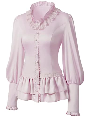 VANGARSUN Women Vintage Victorian Long Sleeve Corset Top Lace Ruffled Blouse Stand Collar Shirts(Pink,XL)