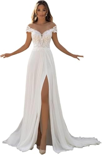 BEAUTFOR Beach Chiffon Wedding Dresses White for Women with Slit Cap Sleeve Lace Bohe Wedding Gowns for Bride 2024 with Train US Size 4