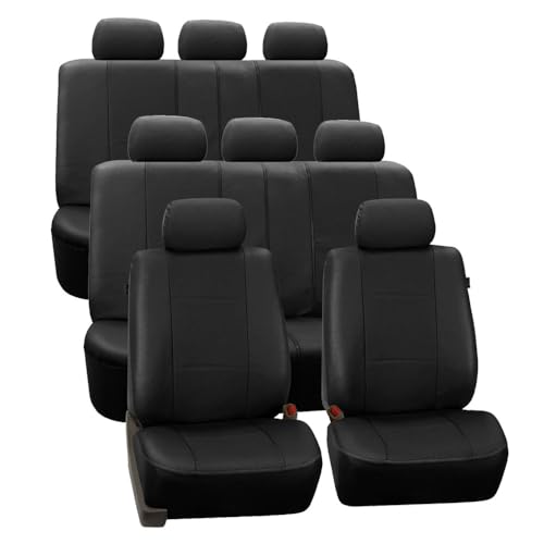 FH Group Three Row Car Seat Covers Deluxe Leatherette with 8 Seater, Airbag Compatible and Rear Split - Universal Fit for Cars Trucks & SUVs Black