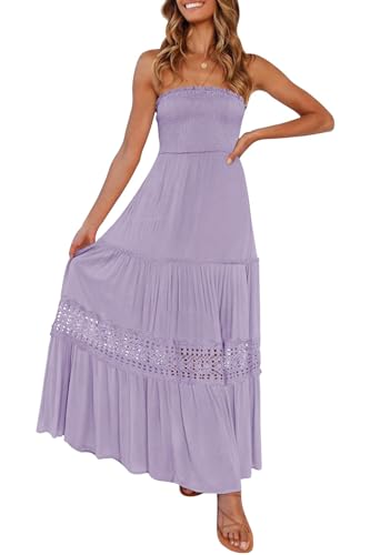 ZESICA Women's 2025 Summer Bohemian Strapless Off Shoulder Lace Trim Backless Flowy A Line Beach Long Maxi Dress,Purple,Medium
