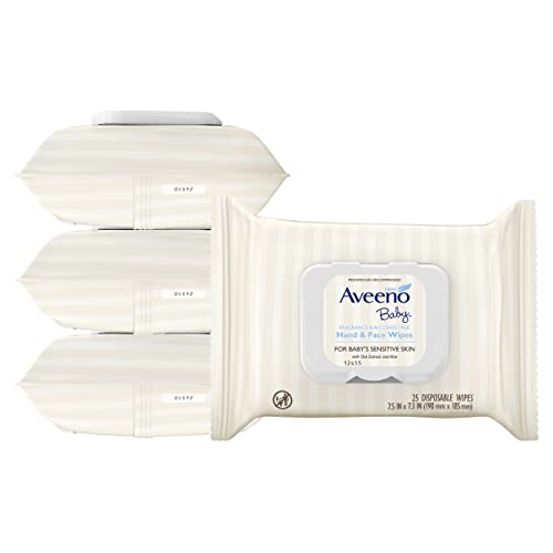 Aveeno Baby Hand & Face Cleansing & Moisturizing Wipes with Oat Extract and Aloe, Fragrance-Free Wipes for Sensitive Skin, Free of Sulfates, Alcohol, Parabens, and Dyes, 25 ct (Pack of 4)