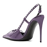 YDN Women Pointed Toe Self Tie Bow Pumps Rivet Studded Stiletto High Heel Slingbacks Hollow Cut Party Club Shoes Size 9.5 Purple