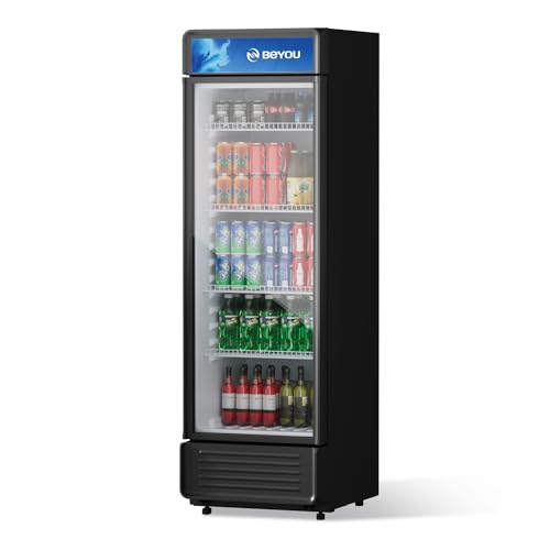 BEYOU Commercial Beverage Refrigerator, 9.7 cu. Ft Upright Dispaly Merchandiser with Single Glass Door, Drink Cooler for Living Room,Bar, Garage（Black）