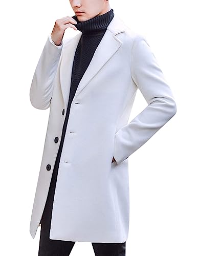 Springrain Men's Wool Blend Pea Coat Notched Collar Single Breasted Overcoat Warm Winter Trench Coat(White-L)