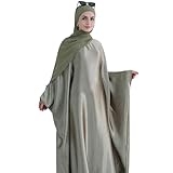 khalat Abaya Muslim Dress Women Satin Prayer Dress Batwing Long Sleeve Middle East Arabian Robe with Hijab Olive Green