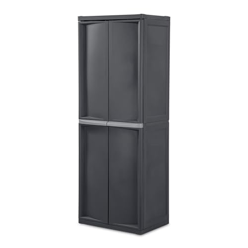 Sterilite 2-Pack 4 Shelf Cabinet, Lockable Utility Storage w/ Adjustable Shelves, Gray - Plastic Shelving Unit for Organizing Garage, Pantry, Basement, Laundry Room or Mudroom