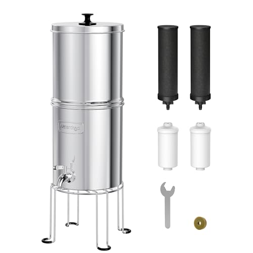 Waterdrop 1.5 Gallons Gravity-fed Water Filter System, NSF/ANSI 42&372 Standard, Stainless-Steel Travel System with 4 Filters, Metal Spigot and Stand, Reduces Up to 99% Chlorine-King Tank Series