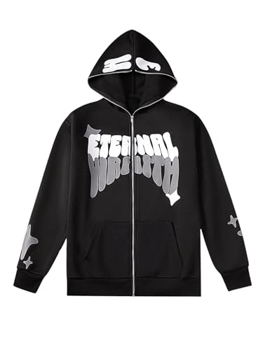 GORGLITTER Men's Full Zip Y2K Hoodie Graphic Lettter Print Long Sleeve Fashion Jacket Hooded Sweatshirt Black X-Large