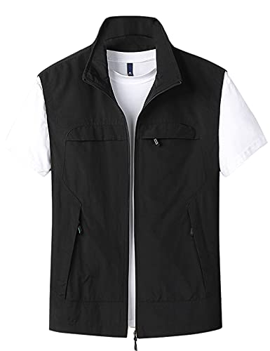 Gihuo Mens Casual Lightweight Travel Vest Summer Utility Safari Vest Sleeveless Jackets for Travel Hiking Fishing(Black-L)