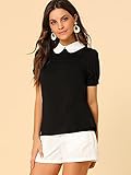 Allegra K Women's Peter Pan Collar Contrast Puff Short Sleeve Casual Blouse Top X-Large Black