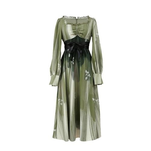 Women's Victorian Vintage Elegant Ruched Square Neckline Floral Midi Long Dress Lady Chic Robes EN8 M