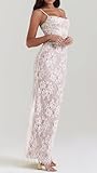 Women Vintage Cream Lace Maxi Dress Romantic Long Sleevees Lace Bodycon Dress White M