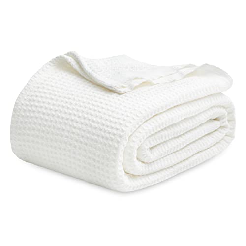 Bedsure 100% Cotton Blanket King Size for Bed - Breathable and Soft, Waffle Weave Blanket for Summer Spring, White, 104x90 inches