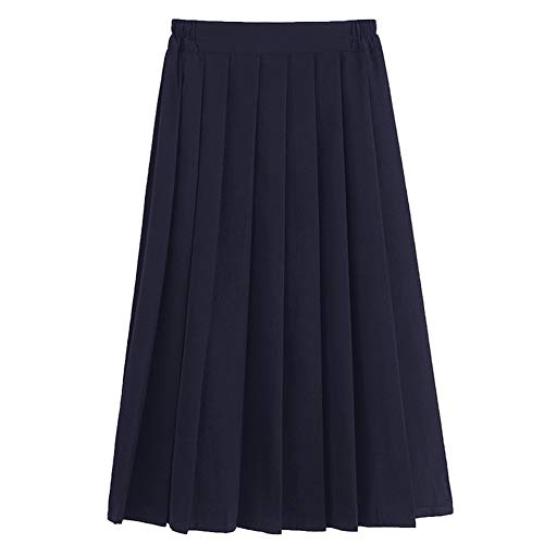 Only Faith Women/Girls JK Uniform Skirt Elastic Waist Classic Pleated Skirt (Navy Blue-Long, M)