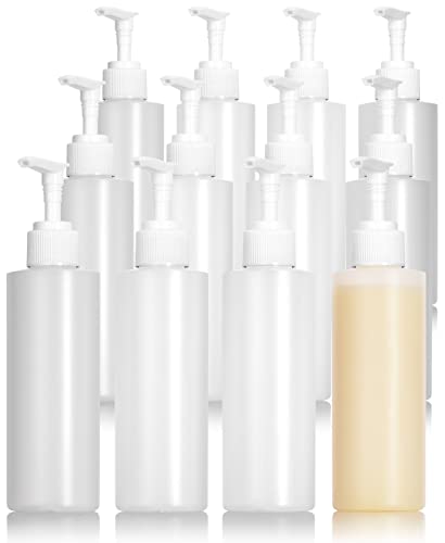Clear Natural Large Refillable Plastic Squeeze Bottle with White Lotion Pump Dispenser 8 oz - (12 Pack)