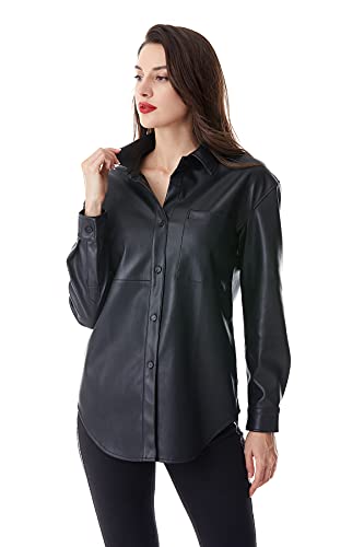 S P Y M Women Faux Leather Jacket Soft Snap Button Down Shirt Shacket with Pocket, Regular and Plus Size