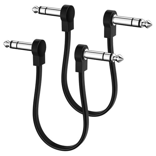 Heams 2 Pack Premium 1/4 Inch Stereo TRS Flat Patch Cables, Low Profile to Save More Space TRS Cables with 12 Inch Length, Noise Free and Long-Lasting Guitar Pedal Cable, Right Angle, Black