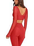 LASLULU Womens Long Sleeve Double Lined Tops Sexy Sheer Mesh Compression Shirts Tight Athletic Workout Shirts Yoga Dance Bra Tops(Red Medium)