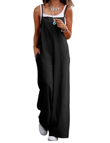 YESNO Women's Summer Boho Casual Jumpsuits Wide Leg Overalls Floral Print Baggy Rompers with Pocket L PZZCR Solid Black