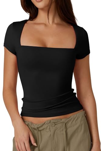 QINSEN T Shirts for Women Square Neck Short Sleeve Basic Tops Curved Shoulders Summer Y2K Crop Tops,Black Small