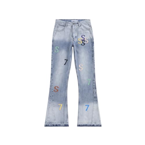Generic Shion7 Men's Patchwork Jeans, Relaxed Fit Leather Patched Denim Pants, Mid Rise Flare Bottom Stacked Jean Trousers (US, Waist, 36, Regular, blue)