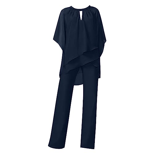Spring Outfits for Women 2025 Elegant 2 Piece Outfits Ladies Irregular Layered 3/4 Sleeve Blouse Palazzo Pants Set Formal Chiffon Wedding Pantsuits Chalecos De Mujer Navy