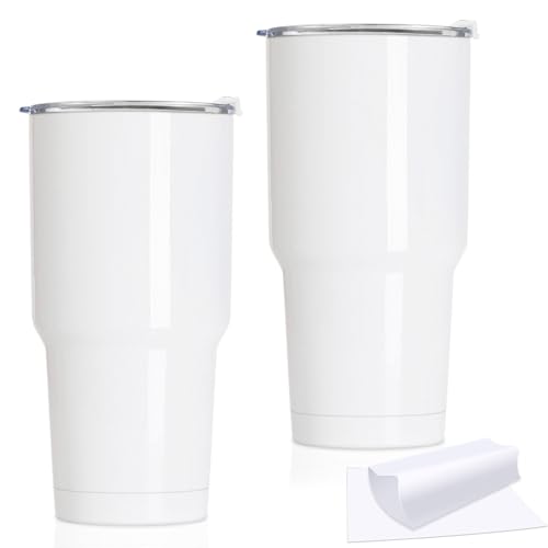 XccMe 30oz Stainless Steel Sublimation Tumblers Bulk,2PACK Double Wall Vacuum Insulated Coffee Mugs with Shrink Wrap Films and Splash Proof Lids,Travel Cups for DIY Gift,Coffee,Beverage White