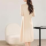 Women's Long Sleeve Sweater Dress Merino Wool Maxi Dress Pleated Hem Knit Dress Beige S