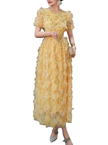 Womens Vintage French Painting Print Maxi Dress Waist Tie Round Neck Short Sleeve Zipper Sweet Dresses(Small) Yellow
