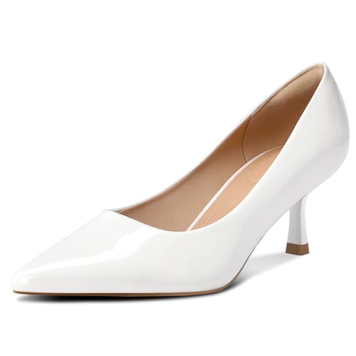 mysoft Women's Pumps 2 inch Kitten Heel Pointed Toe Low Heel Dress Shoes White Patent