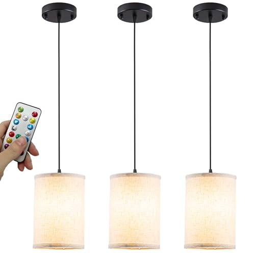 Battery Operated Pendant Light with Remote,Fabric Pendant Lights Kitchen Island 3 Pack No Hardwired,Cordless Hanging Lights for Living Room with 50hrs+Long Life Rechargeable Light Bulbs