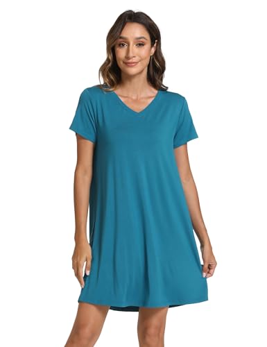 GYS Bamboo Viscose Women's Nightgowns Classic Short Sleeve V Neck Sleep Dress, Teal Blue, XX-Large