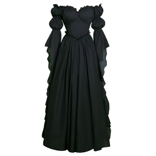 Vibsion Medieval Renaissance Dress Renaissance Faire Costume for Women Victorian Gothic Witch Wedding Dresses S/M Black