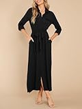 Wenrine Womens Button Down Shirt Dress Casual Chiffon 3/4 Lenght Sleeve Belted Lightweight Flowy Midi Dress with Slit Black