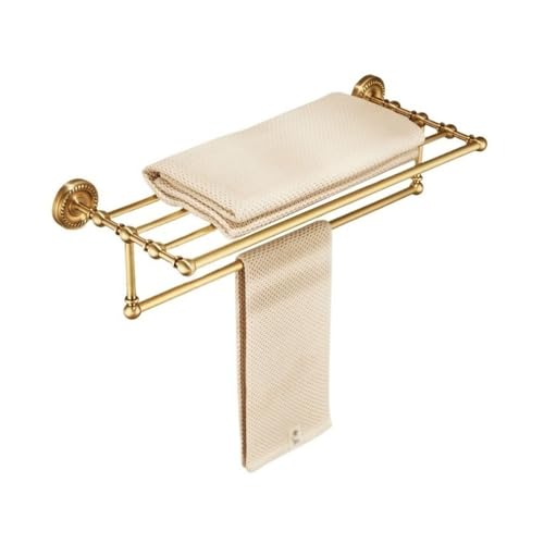 Bathroom Shelves Gold Towel Rack with Towel Bar, Vintage Brushed Brass Towel Shelf Holder, No-Drilling Wall Mounted Towel Organizer Towel Storage Hanger Bathroom Organizers and Storage