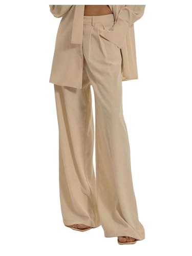 Floerns Women's Pleated Wide Leg Dress Pants Business Casual Outfit Suit Trousers Apricot Small