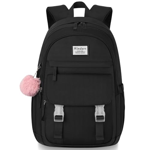 WINDARS School Backpack for Teen Girls, Cute College Backpacks for Women Students Aesthetic Bookbag Large 15.6 Inch Laptop Bag Middle School Travel Back Pack (Black)