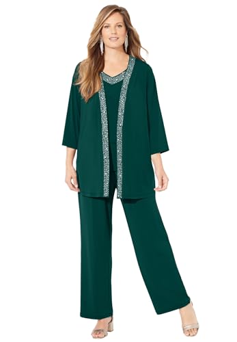 Catherines Women's Plus Size Beaded 3-Piece Cardigan Pant Set - 22 W, Emerald Green