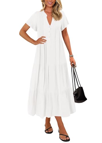 KIRUNDO Summer Maxi Dresses for Women 2025 Spring Fashion Short Sleeve Button V Neck Pleated Loose Tiered Swing Flowy Dress(White, X-Large)