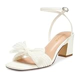 ISNOM White Heels for Women Bow Heels Ankle Buckle Strap Open Toe Block Chunky Heel Bride Wedding Party Fashion Bow Knot Heeled Sandals (White Size8)