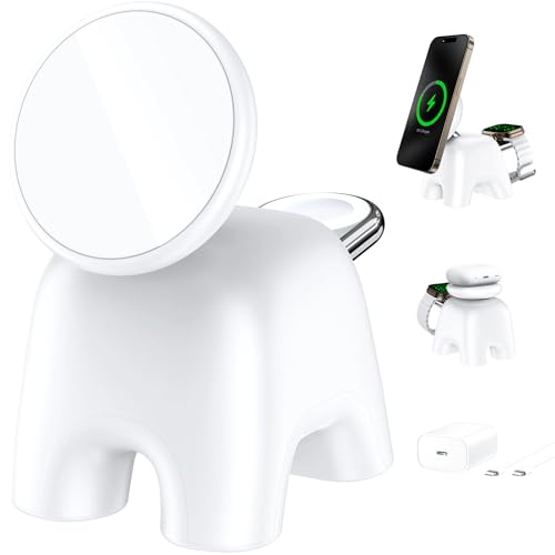 Wireless Charging Station with 15W Fast Mag-Safe Charging for iPhone 16/15/14/13/12 Series, Magnetic Charging Stand 5W for Apple Watch 10~1/Ultra/SE&Airpods, 2 in 1 Wireless Travel Charger (White)