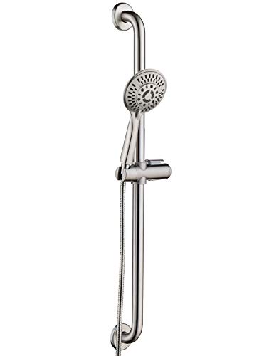 BRIGHT SHOWERS Stainless Steel Slide Bar Grab Rail Set Ada compliant Includes Handheld Shower Head and 69-Inch Hose (Brushed Nickel)