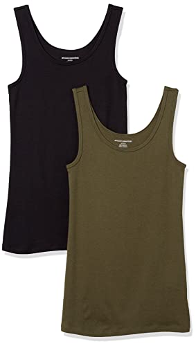 Amazon Essentials Women's Slim-Fit Tank Top, Pack of 2, Black/Olive, Medium