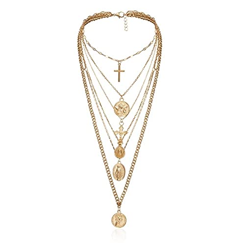 GENVQdf Necklaces Trendy Dainty, Multi-Layer Carved Coin Angel Pendant Neck Chain Cross Thick Chain Long Necklace Ladies Jewelry Style remarks(Gold)